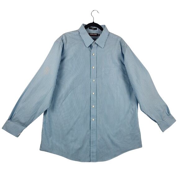 Kirkland Signature Men 18-35 Button Down Shirt Blue White Striped Long Sleeve - Picture 1 of 16